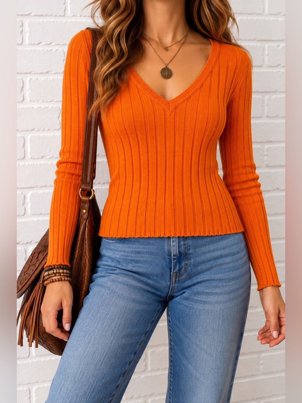 Vintage Y2K Mountain Lake Orange Ribbed V Neck Sweater L Cotton Blend